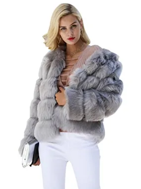 Simplee Women Luxury Winter Warm Fluffy Faux Fur Short Coat Jacket Parka Outwear(Gray 0-2)