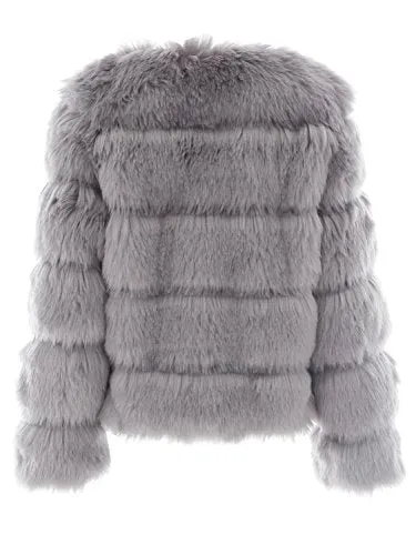 Simplee Women Luxury Winter Warm Fluffy Faux Fur Short Coat Jacket Parka Outwear(Gray 0-2)