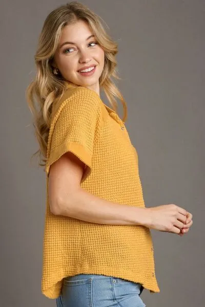Umgee Full Size Waffle-Knit Short Sleeve Button Down Shirt