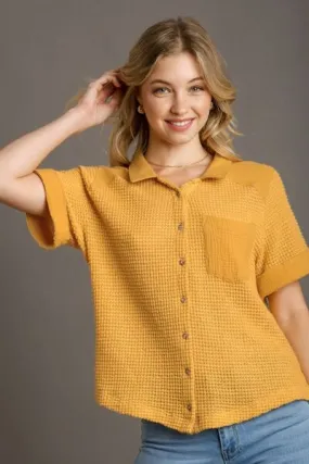 Umgee Full Size Waffle-Knit Short Sleeve Button Down Shirt