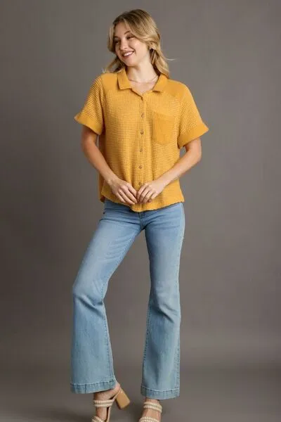Umgee Full Size Waffle-Knit Short Sleeve Button Down Shirt