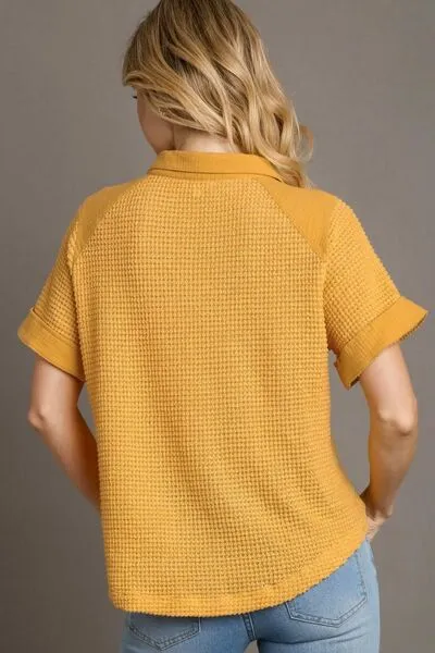 Umgee Full Size Waffle-Knit Short Sleeve Button Down Shirt