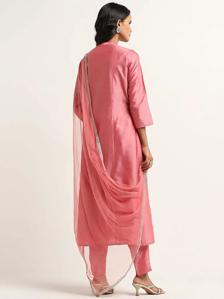 Vark Pink Floral A-Line Kurta, Mid-Rise Ethnic Pants and Dupatta Set