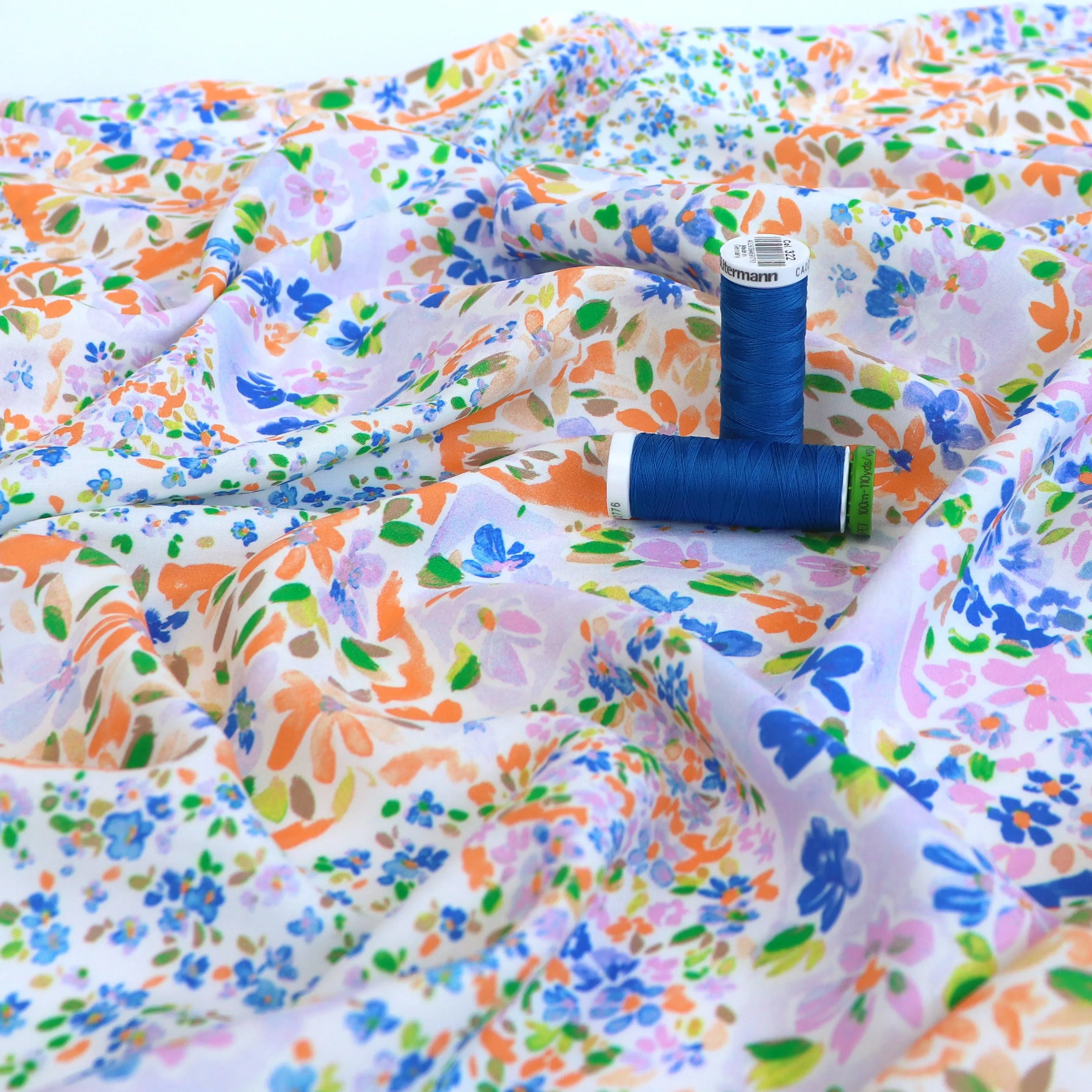 Viscose Lawn - Patchwork Meadow - Orange   Blue - SALE