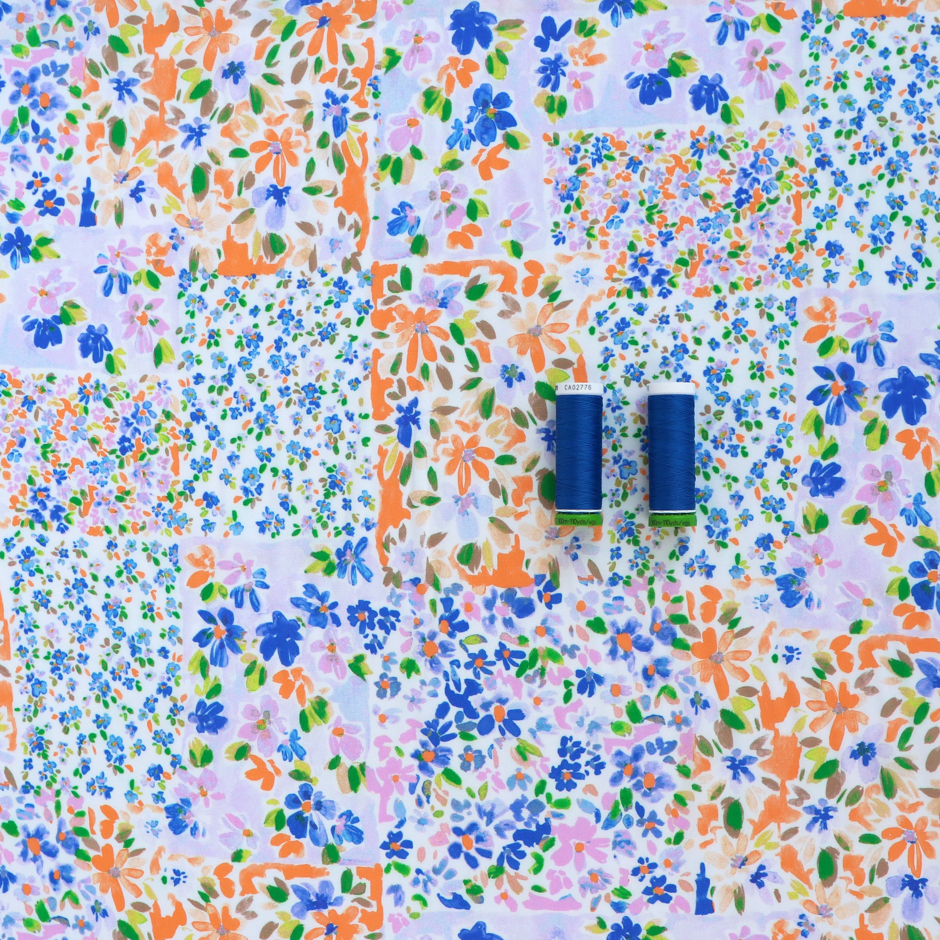 Viscose Lawn - Patchwork Meadow - Orange   Blue - SALE