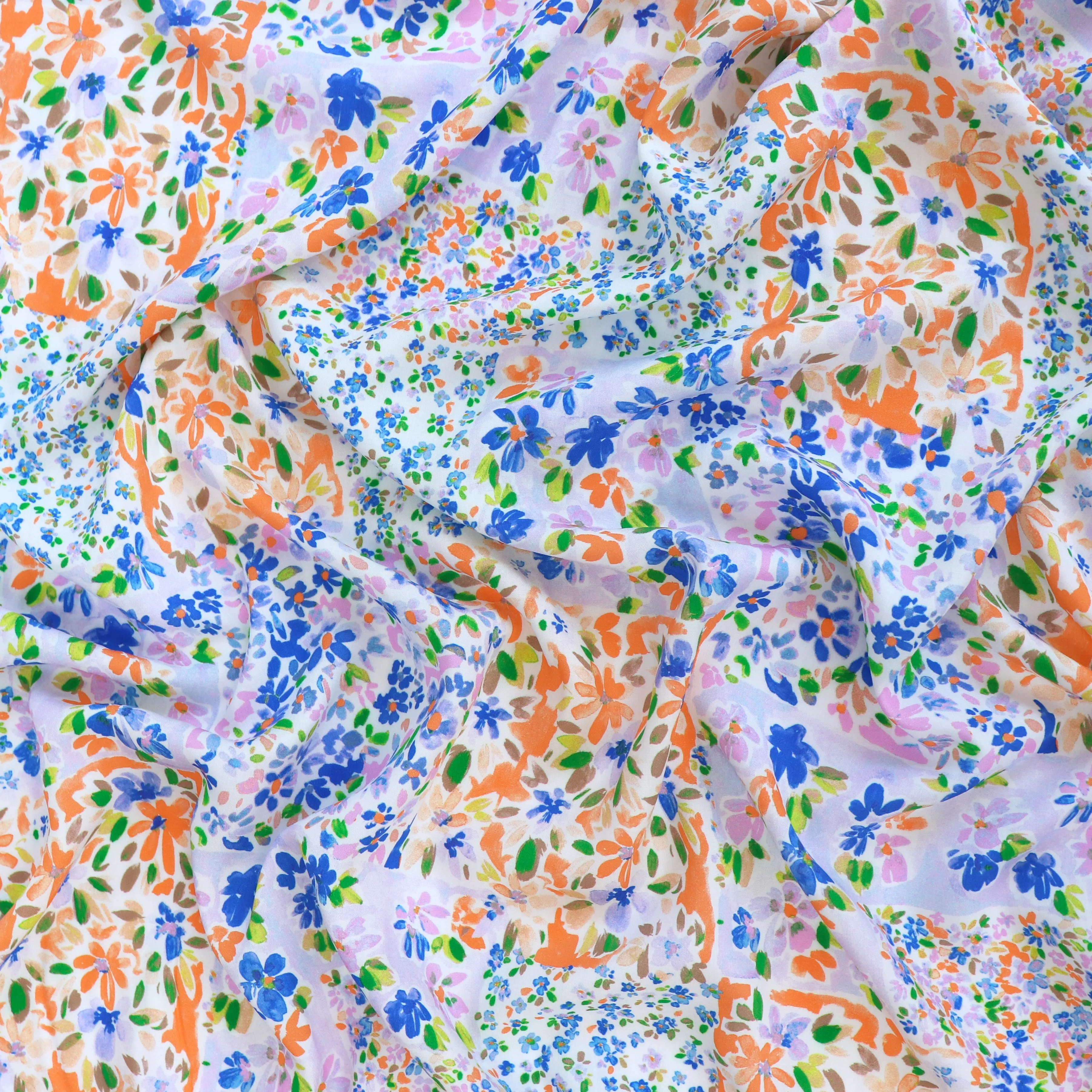 Viscose Lawn - Patchwork Meadow - Orange   Blue - SALE