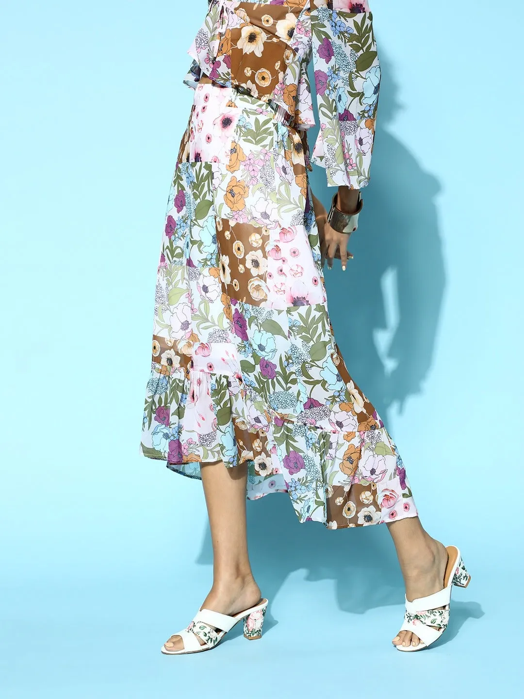Women Off White Multi Floral High Low Skirt