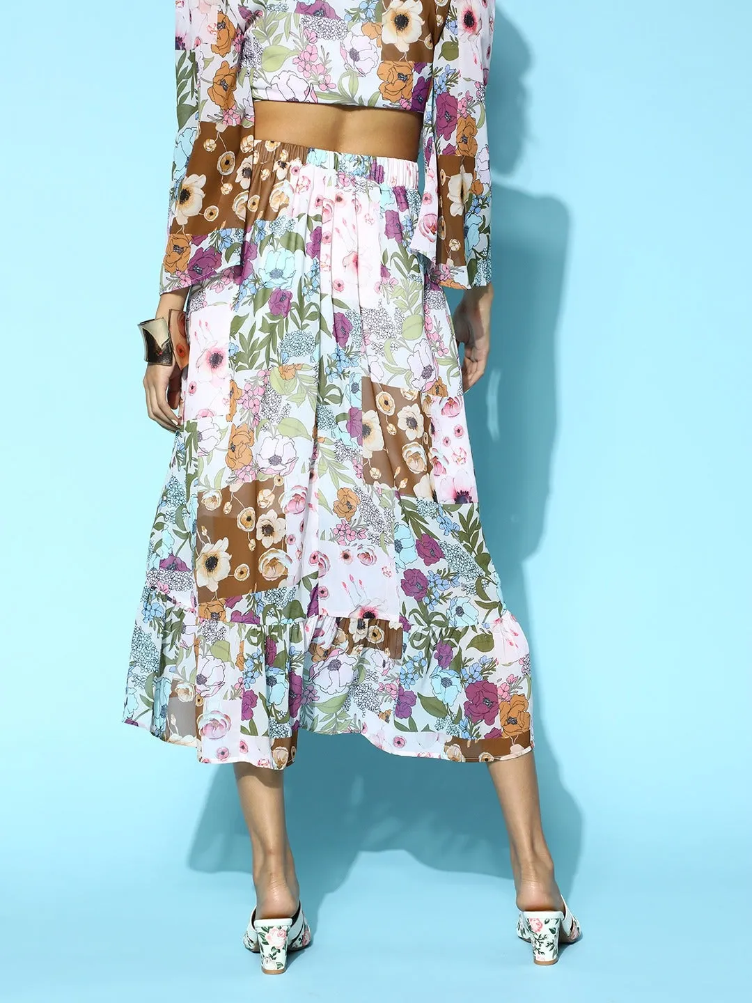 Women Off White Multi Floral High Low Skirt