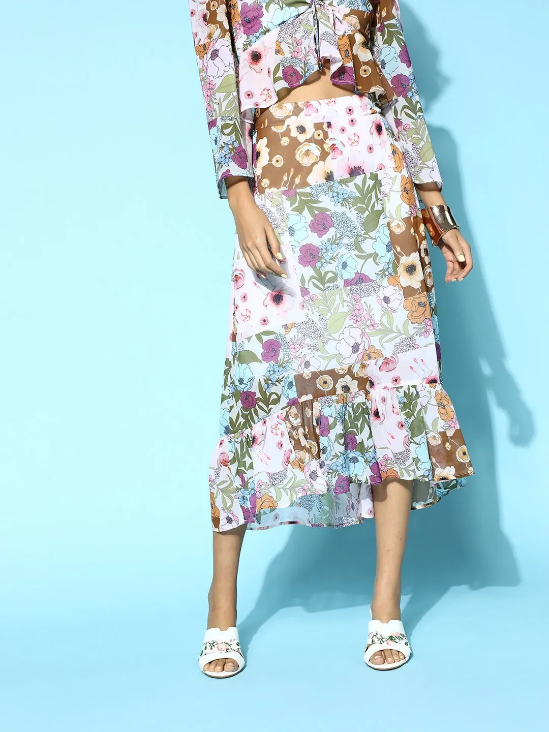 Women Off White Multi Floral High Low Skirt