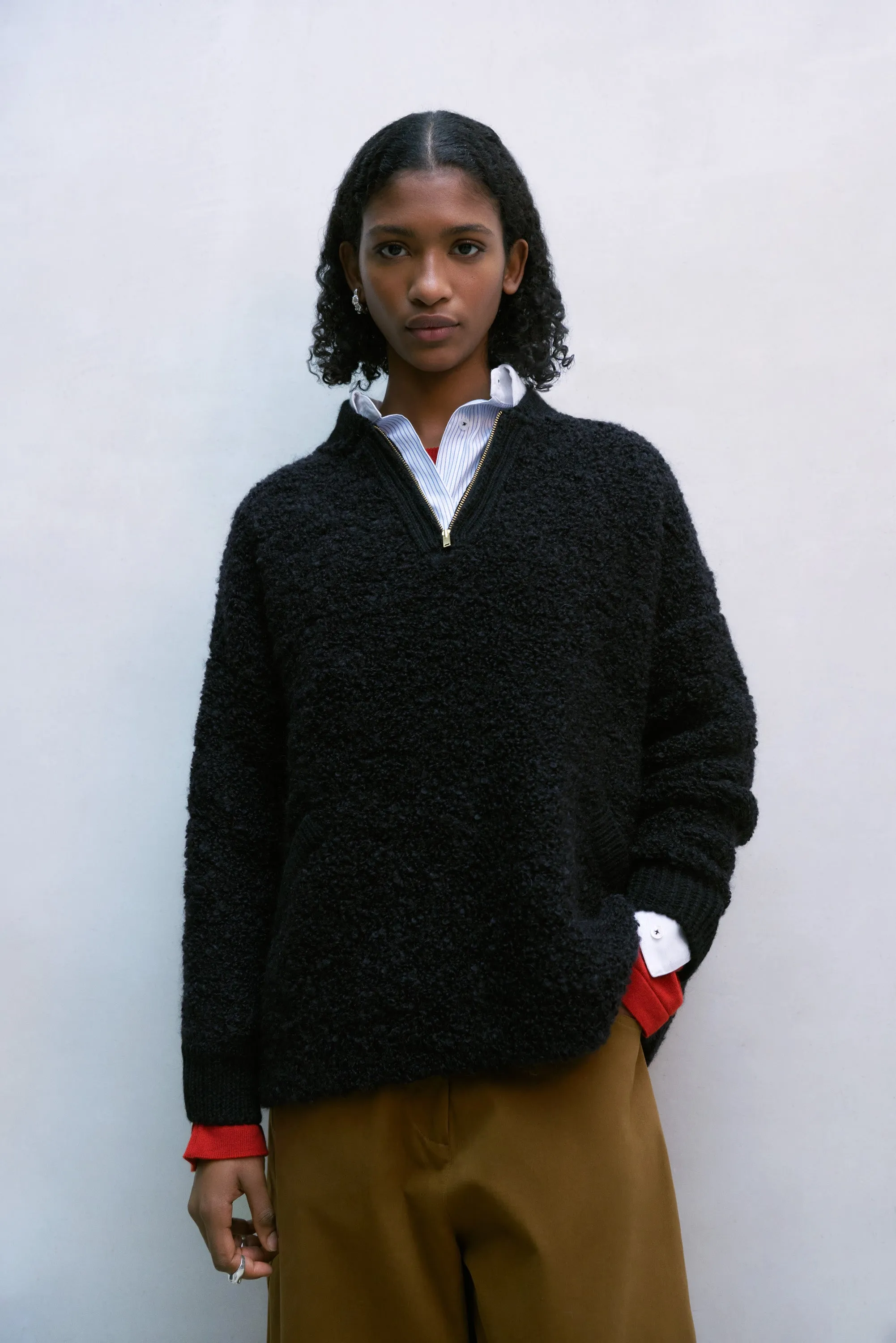Wool and Mohair Polo Sweater, Black, Size 1
